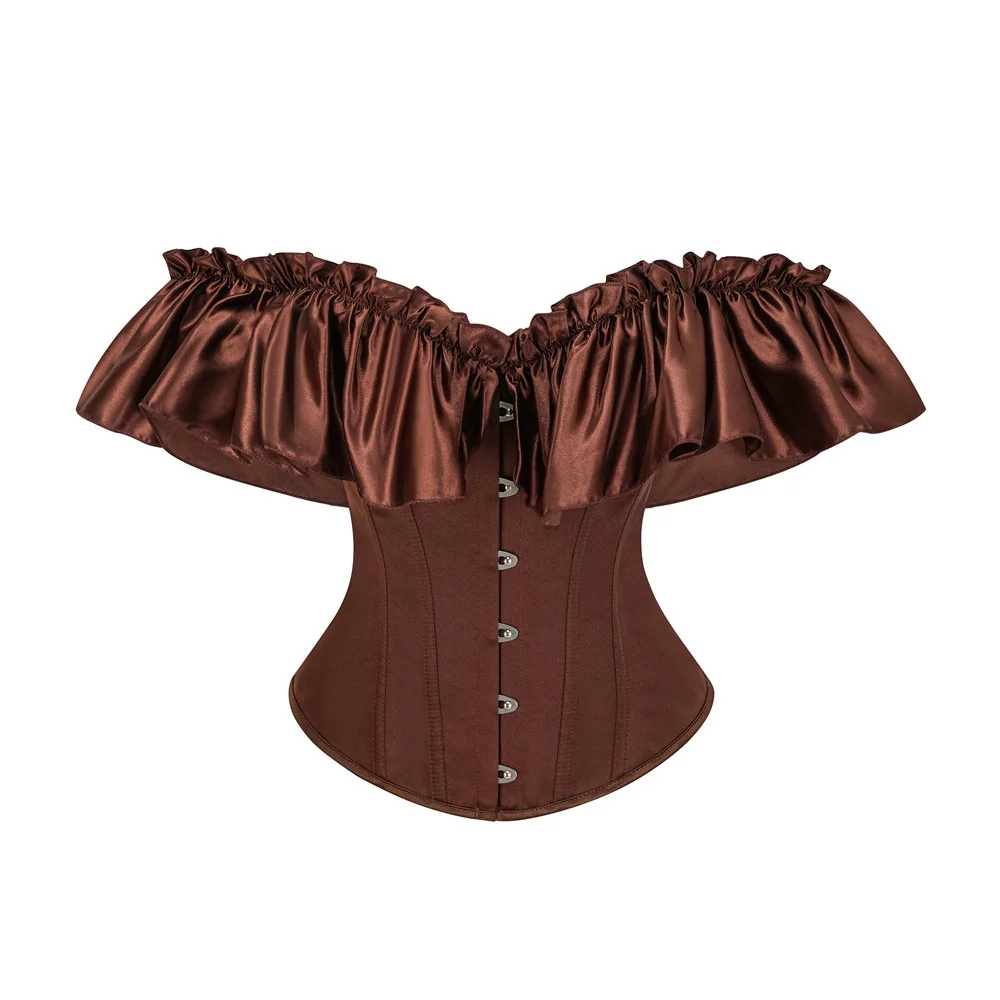 

Готический корсет-топ красного цвета, сексуальный, с открытыми плечами, викторианский бюстье с рюшами из атласа и короткими рукавами.