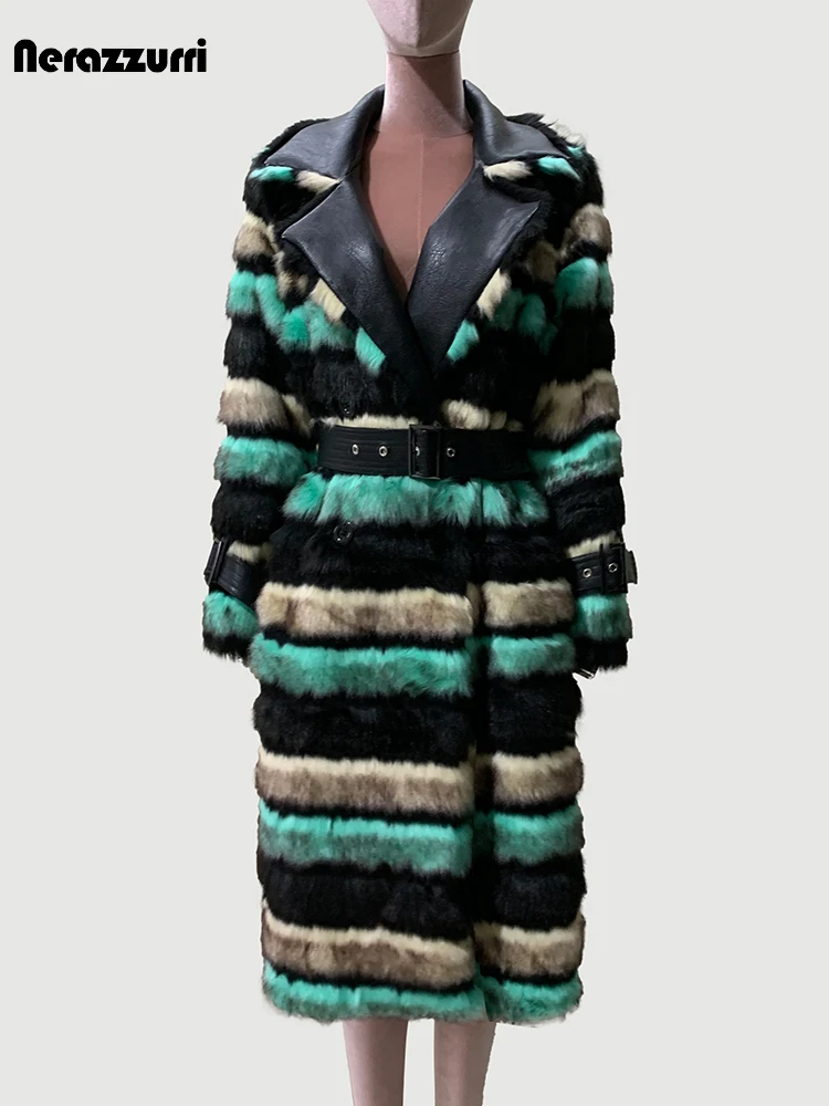 Nerazzurri Winter Long Striped Colorful Thick Warm Patchwork Faux Fox Fur Coat Women Luxury Elegant Fluffy Furry Overcoat 2025