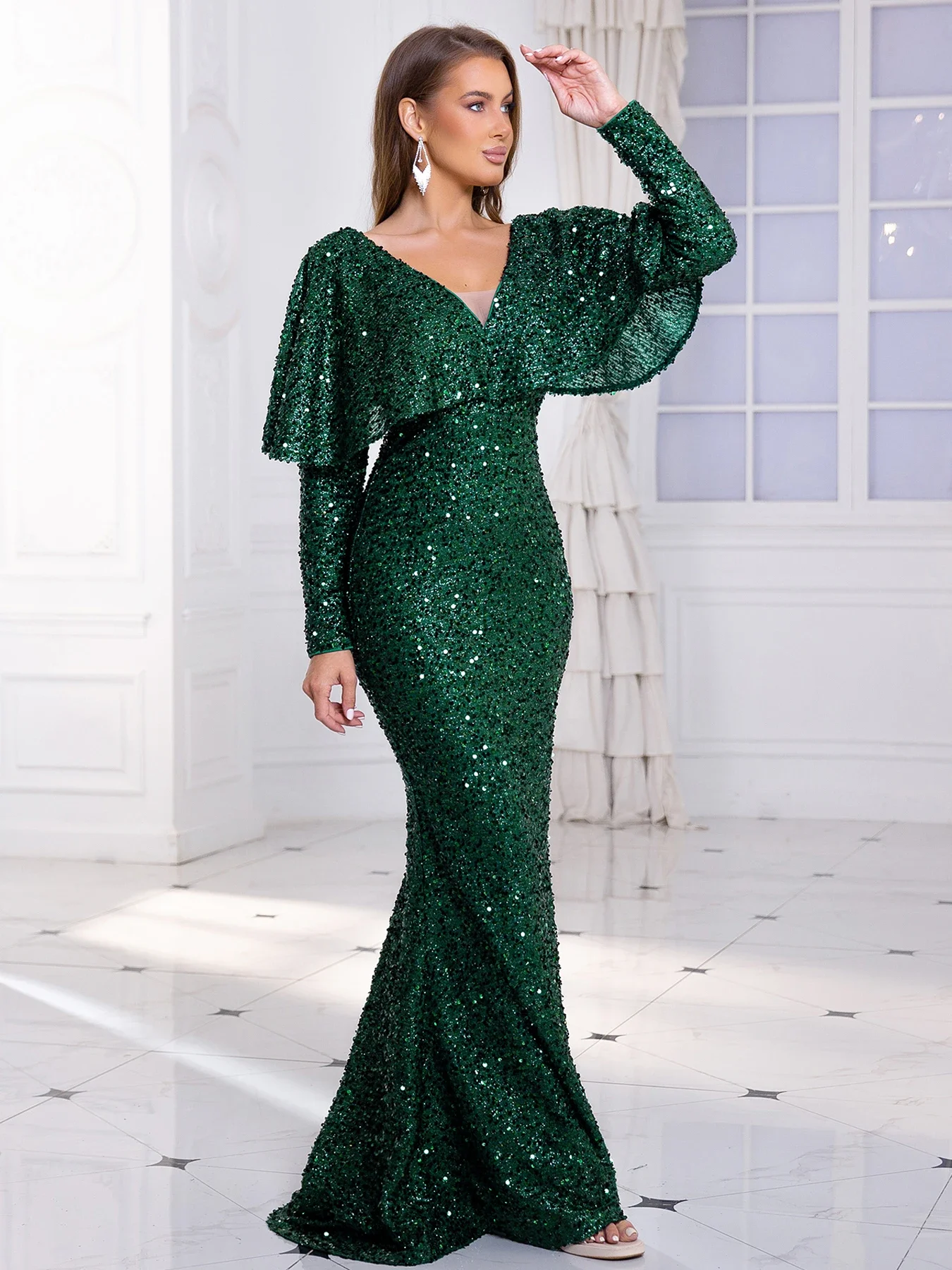 Long Batwing Sleeve Stretch Sequined Prom Dress V Neck Backless Floor Length Evening Night Party Gown Blue Green