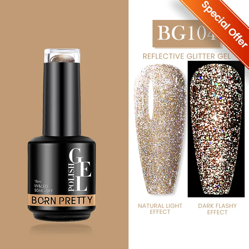 BORN PRETTY 15ML 反射グリッターネイルジェルポリッシュ シルバー ゴールド ピンク セミパーマネント ソークオフ UV LED バーニッシュ デザイン サロン
