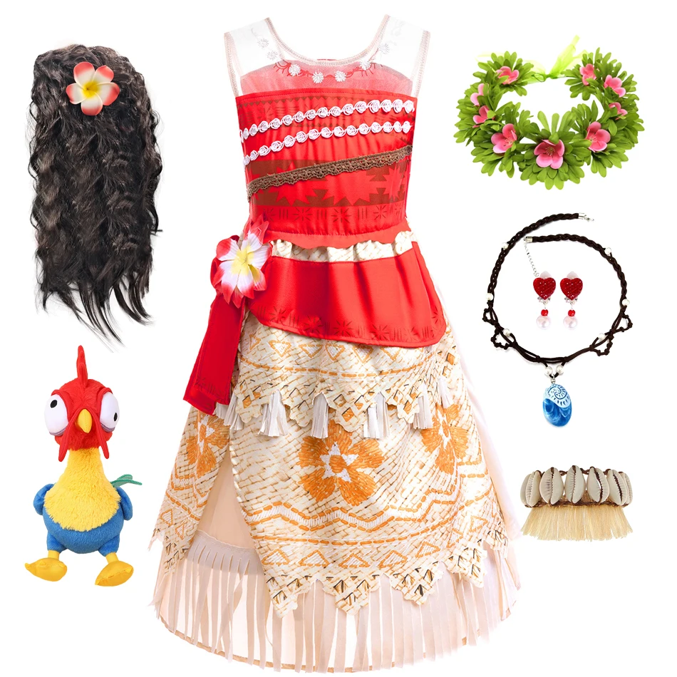 2026 Halloween Moana Costume for Girls Red Polynesian Princess Dress Halloween Fancy Dress Up Tropical Hawaiian Costume