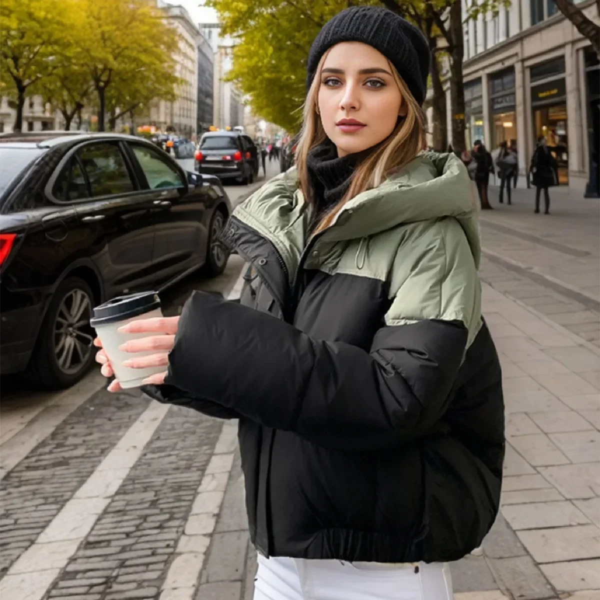 

2025 женская новая зимняя хлопковая куртка, женская контрастная утепленная парка с капюшоном, пальто, топ, женская уличная модная куртка 2025