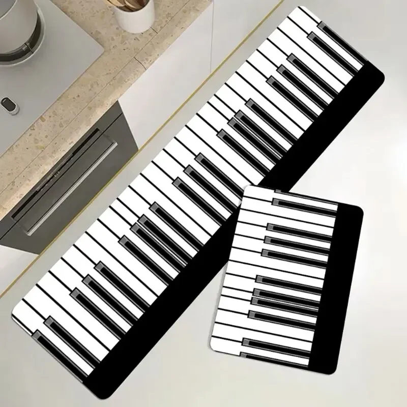Kitchen Floor Mat Bathroom Door Mat Bedroom Bed Mat Carpet Machine Washable Piano Black and White Classic