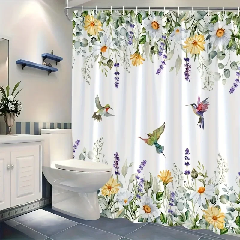 1pc Colorful Floral And Bird Design Shower Curtain, Lively, Ideal for Bathroom Decor, Toilet Shower Curtain, Window & Attractive