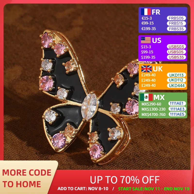 

Vintage Zircon Pink Butterfly Rings For Woman Black Enamel Crystal Real Gold Plated Rhinestone Large Luxury Brands Jewelry 2025