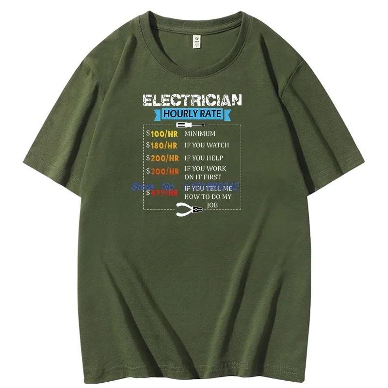 Electrician Hourly Rate Cotton T-Shirt Funny Electrician Graphic T Shirts Summer Short Sleeve T-Shirts Mens Print T Shirt