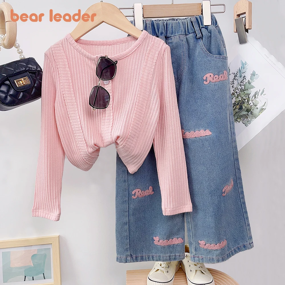 Bear Leader Girls' Set Autumn New Girls' Knitted Sweet Top+Letter Decal Jeans Two Piece Set Cute Little Girl Kids Fashion Set