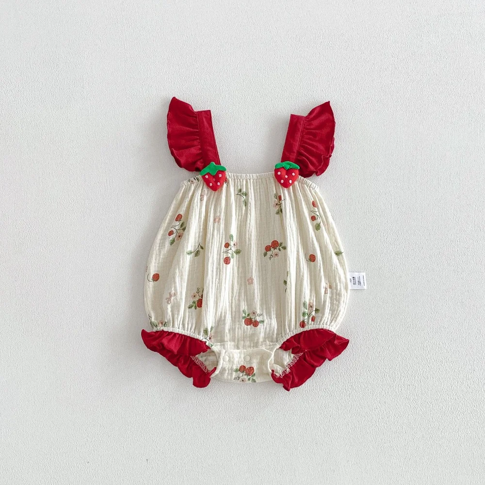 2026 Summer Baby Girl Romper 0-2Years Cute Newborn Infant Sleeveless Strap Strawberry Pattern Cotton Bodysuit Outfits Clothes