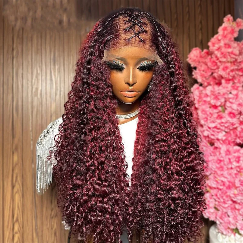 

180Density Burgundy Soft 26Long Kinky Curly 99j Lace Front Wig For Black Women BabyHair Glueless Preplucked Heat Resistant Daily