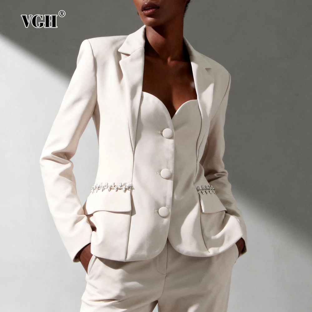 VGH Slimming Casual Autumn Jackets For Women V Neck Long Sleeve Spliced Pockets Temperament Commute Jacket Female Fashion New