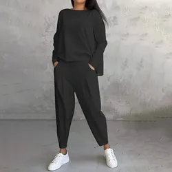 Simple Women's Tracksuit Solid Color Round Neck Thin Long Sleeve With Pocket Pants Autumn Casual Two Piece Set Sports Pantsuit