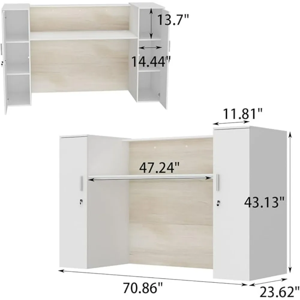 Mostrador de recepción, mostrador frontal con taquillas y estantes ajustables, mostrador de recepción para salón, roble y blanco