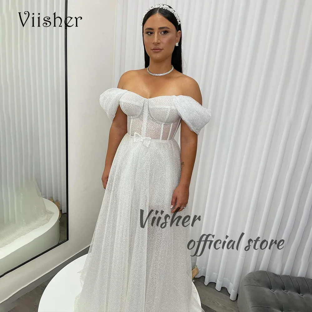 

Viisher Sparkly White Tulle Wedding Dresses Off Shoulder Bone Corset Sweetheart Bridal Gowns Long Beach Bride Dress