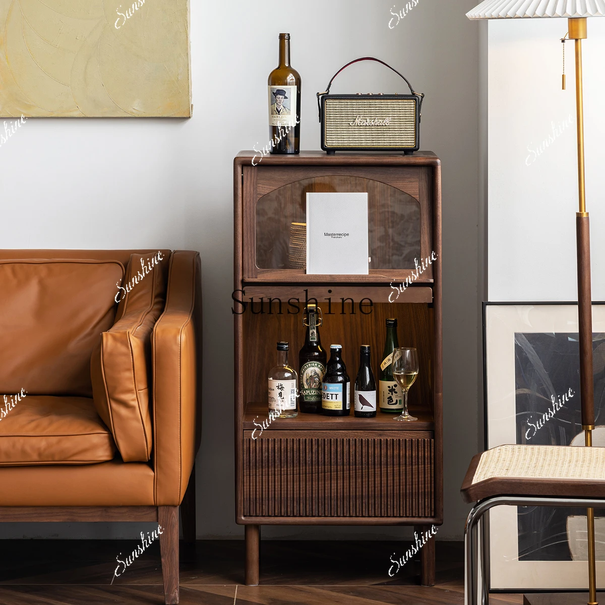 

Black walnut living room storage bedroom home floor drawer TV side cabinetP