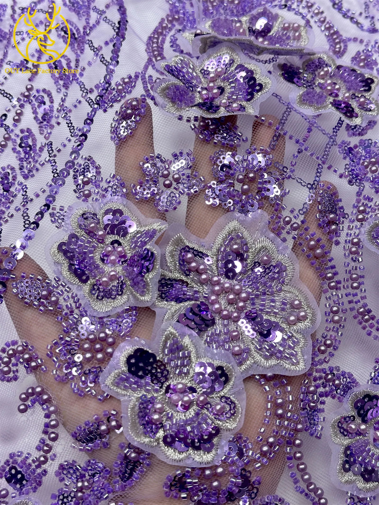 3D-Stickerei Blumen Französische Pailletten Perlenbesetzter Spitzenstoff aus Polyester 2026 Hochwertiger Afrikanischer Spitzenstoff für Hochzeitsfeiern Tüll 5 – Detail 8