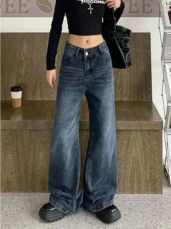

High Waist Wide Leg Jeans Women's Loose Fit Straight Cut Retro Micro Flared Denim Pants Autumn Trendy Floor Length Trousers