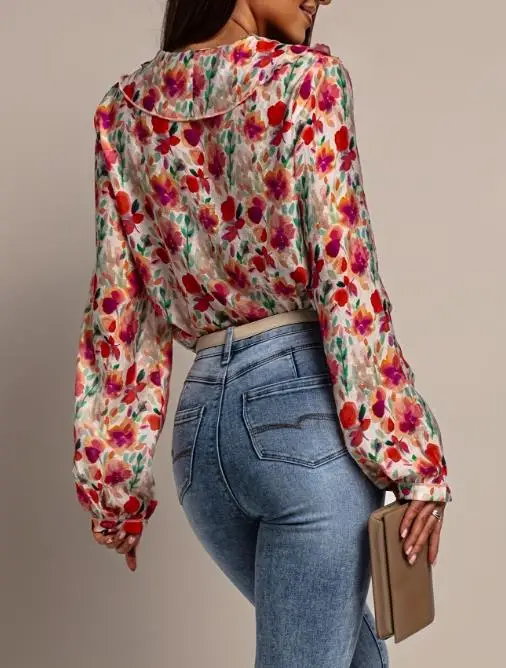 

Woman Blouse 2025 Spring Autumn New Fashion Floral Print V-Neck Long Sleeve Loose Casual Ruffles Design Lantern Sleeve Shirt