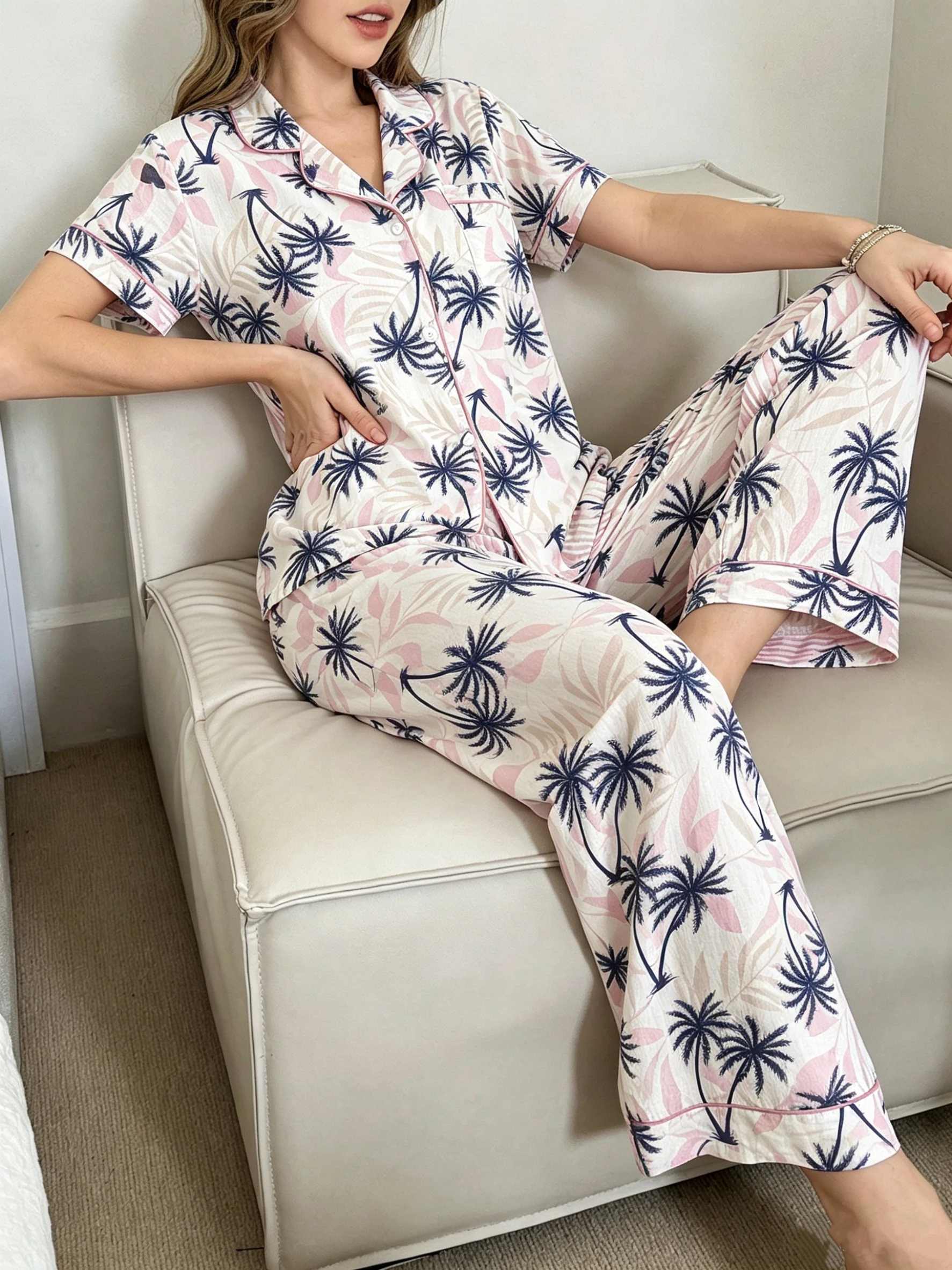 

Palm Tree Print Women Pajamas Set Button-Down Short Sleeve Top + Long Pants Casual Sleepwear Loungewear