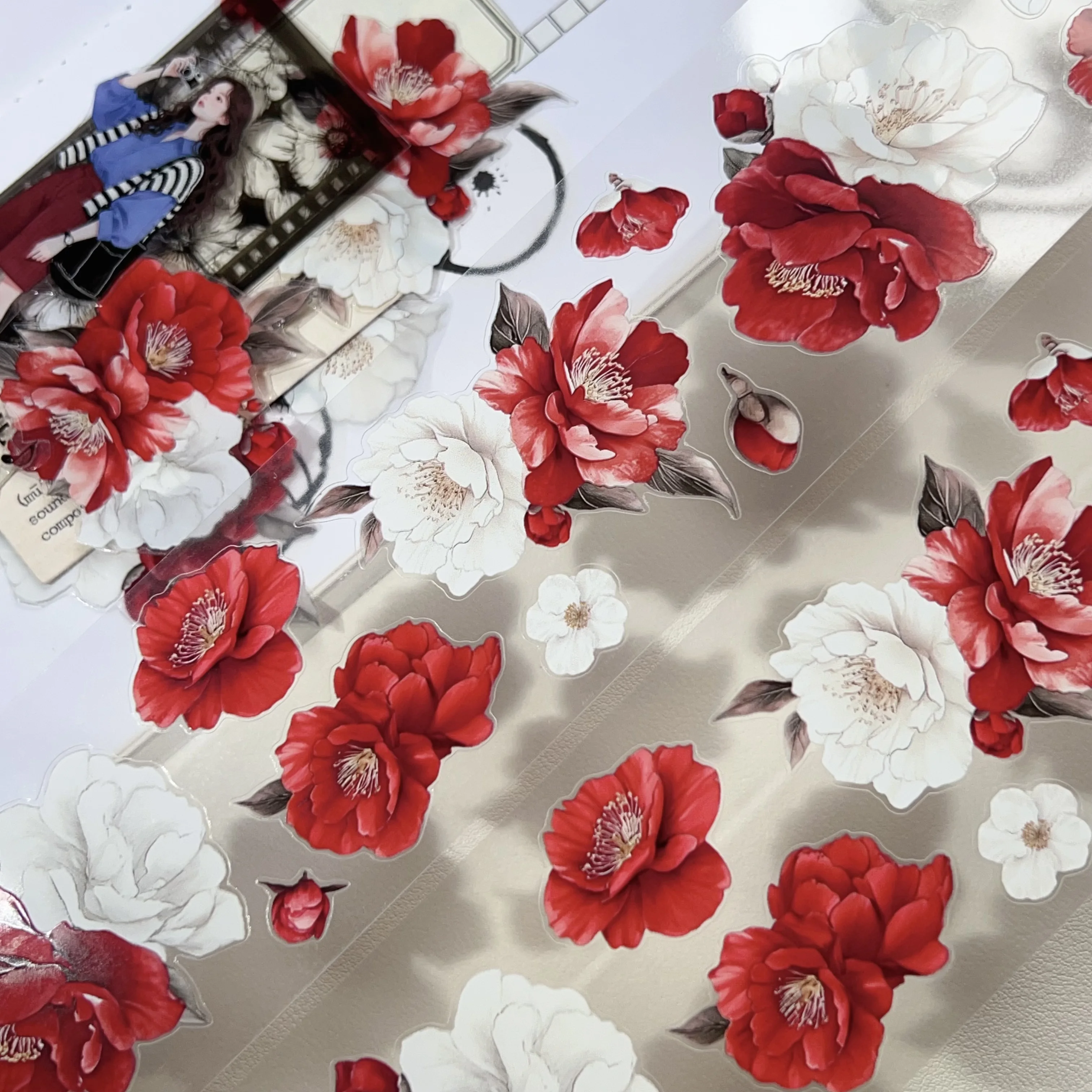〖Red and White Camellia〗PET Die Cut Notebook Sticker Tape Light retro red, whit