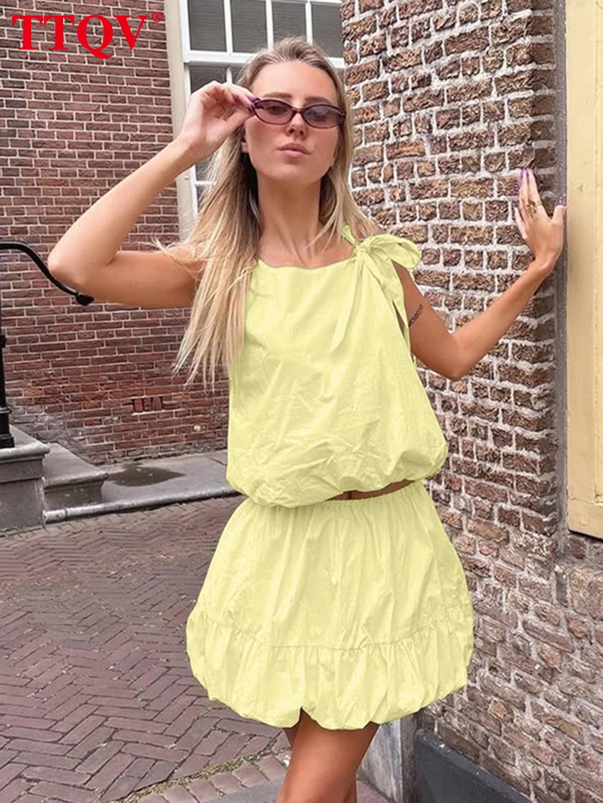 

TTQV Summer Loose Yellow Cotton Skirt Set 2 Piece Woman 2026 Fashion Sleeveless Tank Top With High Waist Mini Skirt Set Female
