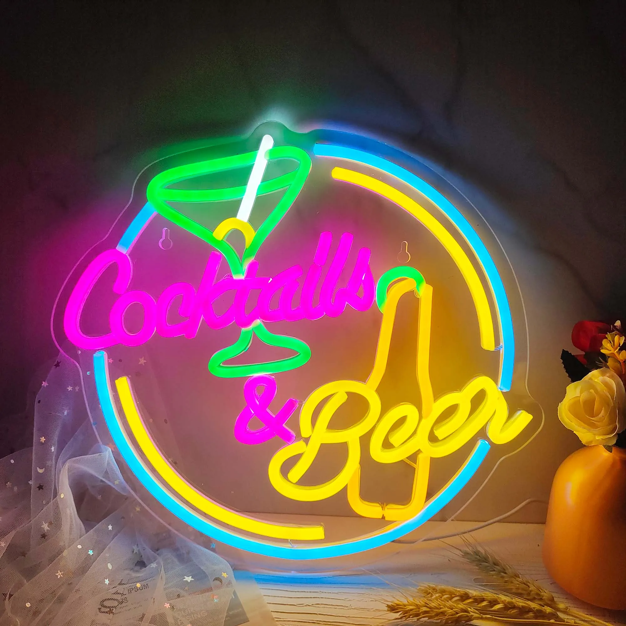 Cocktails and Beer Neon Signs Bar Club LED Acrylic Neon Lights Sign for Hotel Pub Cafe Birthday Party Teen Room Wall Decorative