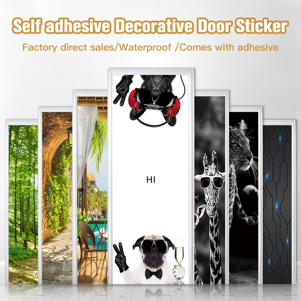 Cartoon Cute Cats and Puppies Door Stickers Wardrobe Sliding Door Stickers Wall Stickers Decoration 3D Vinyl Peel-off Wallpaper