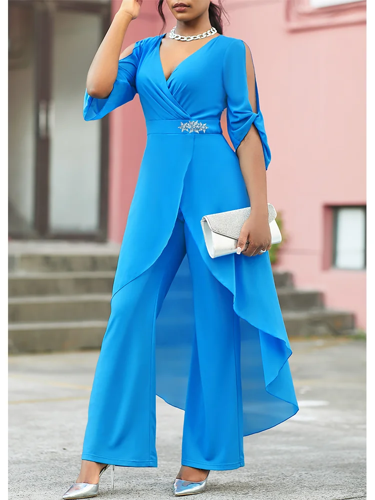 2024 Plus Size 6XL7XL 2-Piece Set Chiffon V-Neck Top and Loose Pants Elegant Commuting Plus Size Women 2-Piece Set