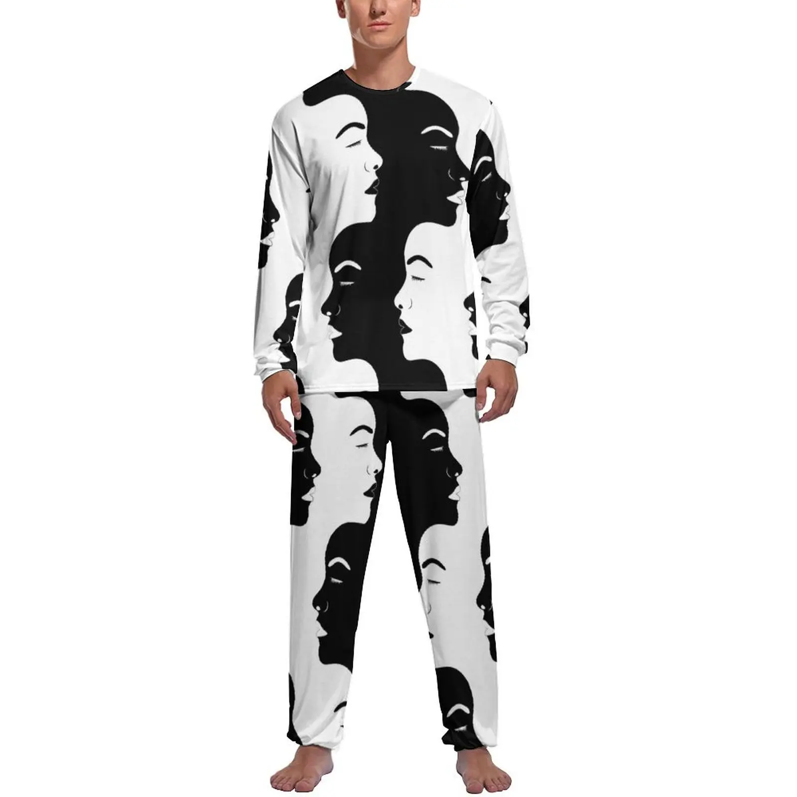 

White And Black Women Head Pajamas Spring Abstract We Are All The Same Casual Nightwear Men 2 Pieces Long Sleeve Pajama Sets