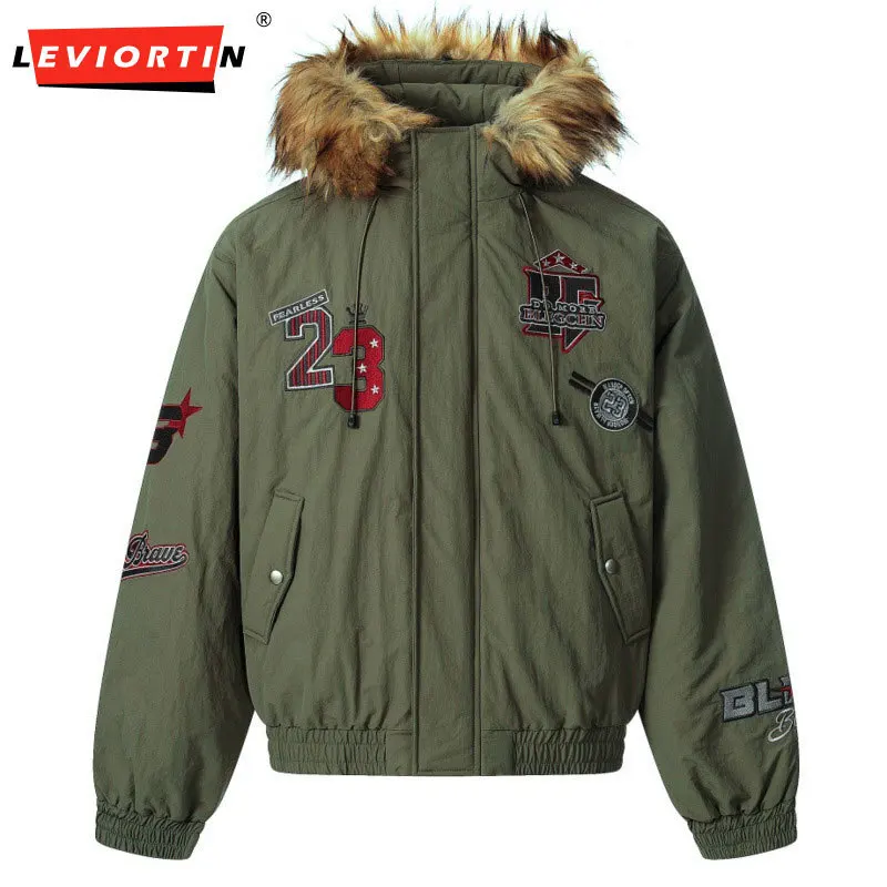 

Winter men's European and American fashion brand embroidered letters loose cotton coat, retro fur collar hooded style, overcome