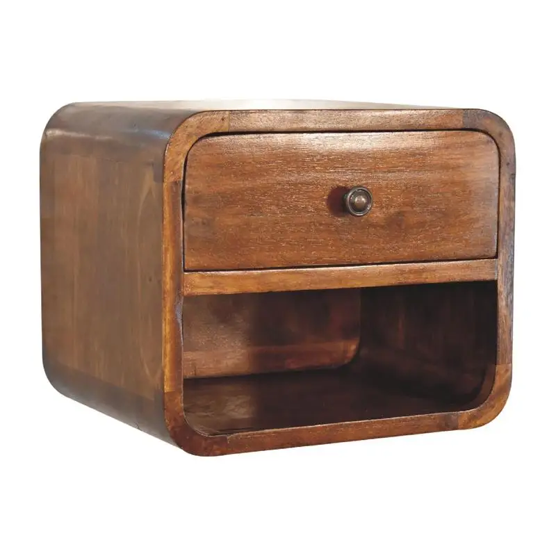 Mini Solid Wood Floating Nightstand with Drawer and Open Slot in Chestnut Finish