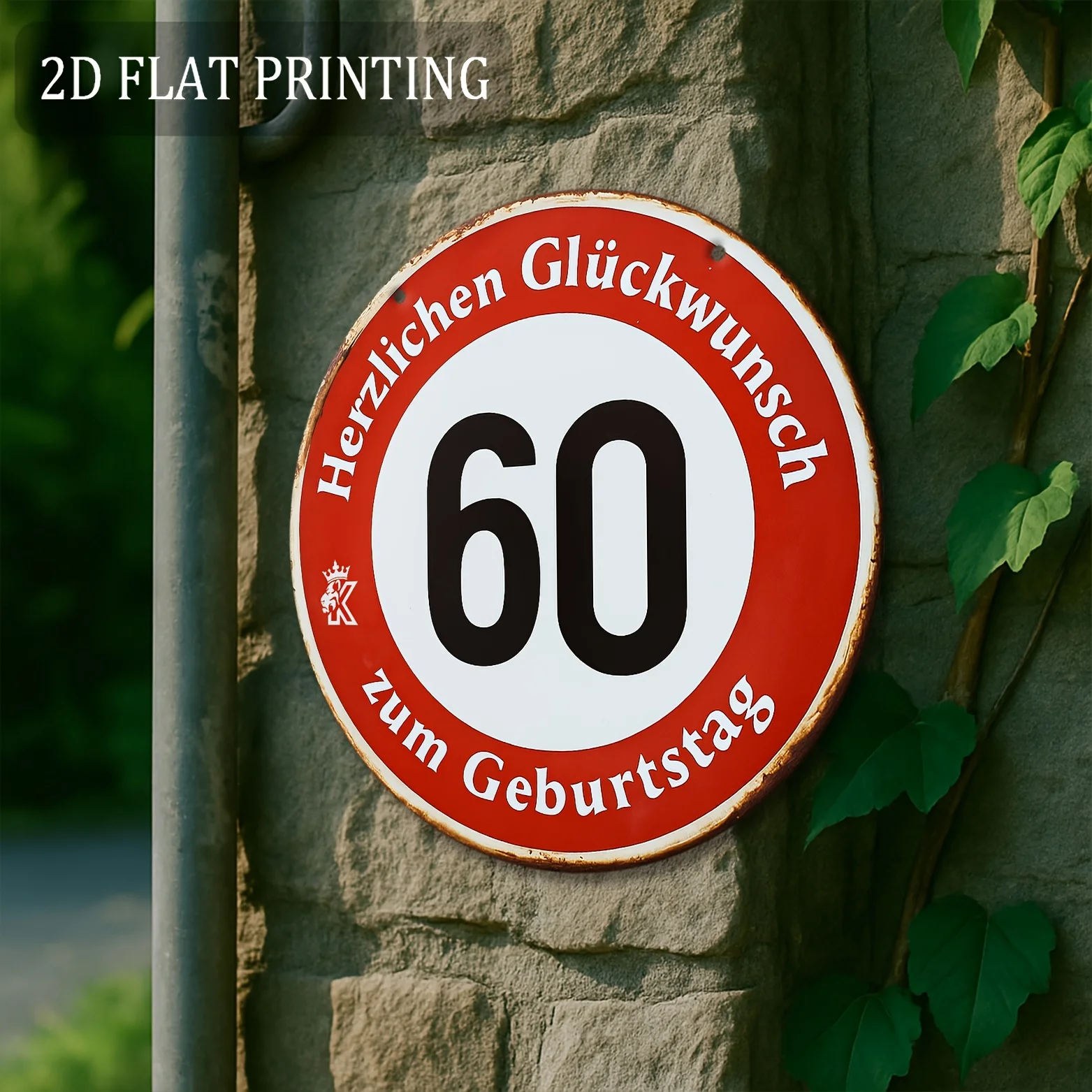 Letrero plano 2D para 60 cumpleaños, decoración de cumpleaños alemana con detalles rojos y blancos, placa de Metal de aluminio resistente para Mil, 1 ud.