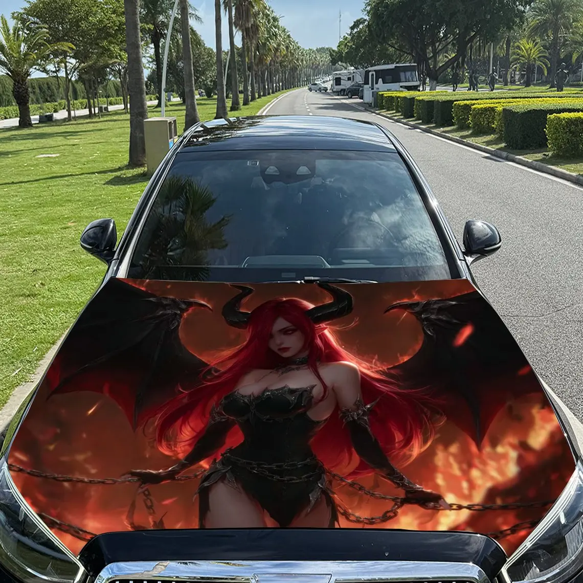 

Flame Bat Wings Female Demon Car Hood Stickers-Durable PVC Tape Packaging,Car Aesthetic Design,Suitable For Most Vehicles,Engine