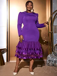 Elegant Women Purple Sheath Autumn Winter Dress O Neck Beading Long Sleeve Round Sleeve Evening Birthday Cocktail Party Gowns