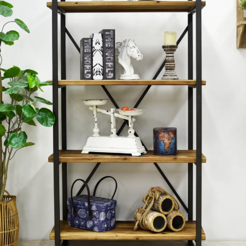 

Wrought iron retro multi-layer storage rack floor to wall wooden household finishing rack flower storage