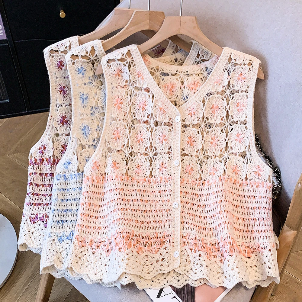 New Women's Knitted Hollow out Floral Embroidery Vest Short Thin Outerwear Simple Style Summer Fashion Polyester Fiber