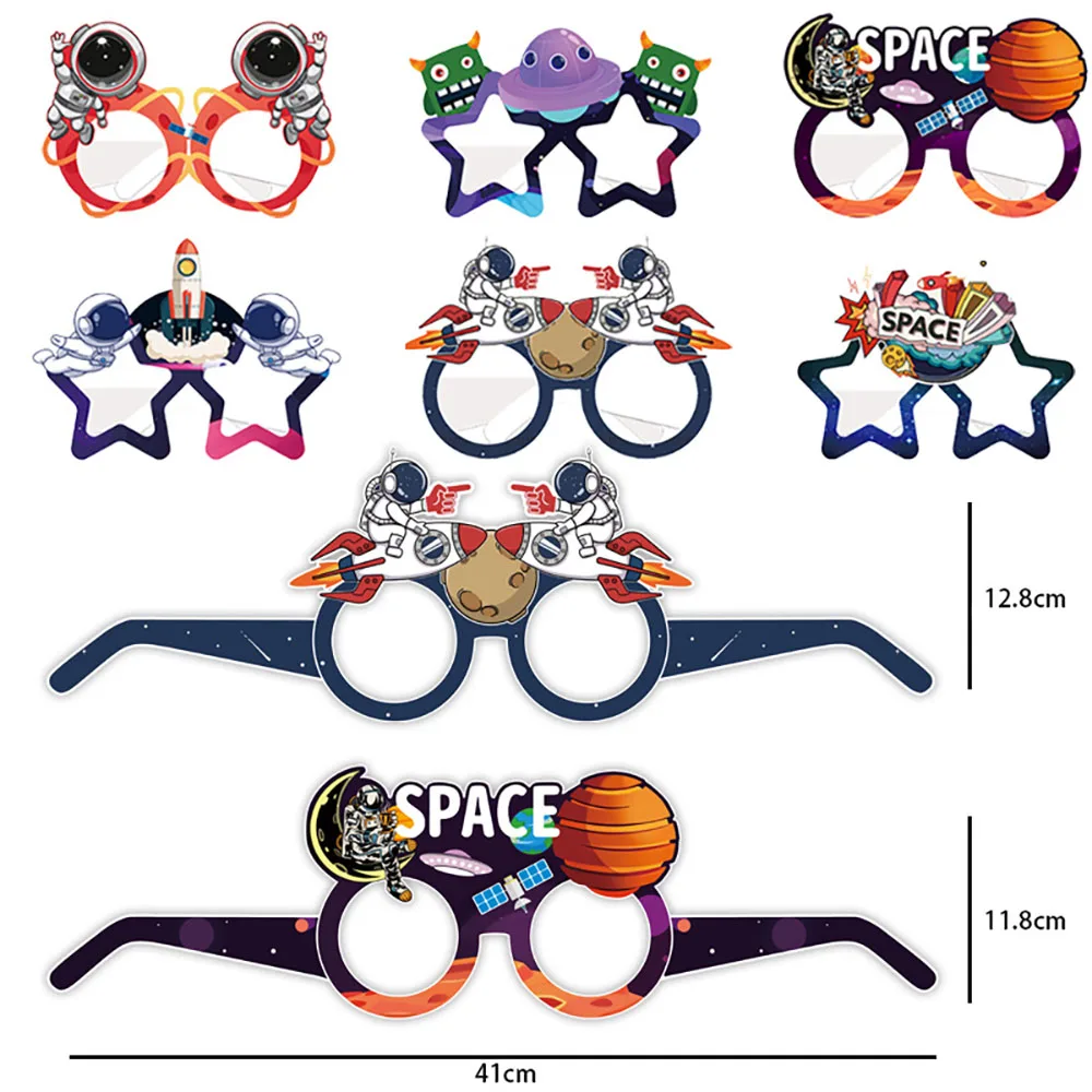 12pcs Astronaut Rocket Theme Party Paper Glasses Outer Space Party Funny Decorative Glasses Happy Birthday Party Decor Kids Boy