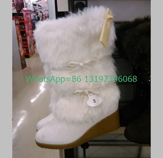 

Lady Fur Wedges Heel Runway Calf Boots Winner Warm Lace-Up Bowtie Design New Arrive Boots Daily White Fur Footwear Size 35-46