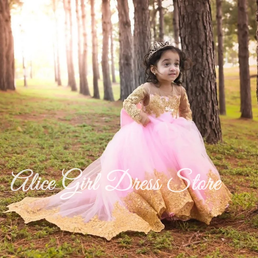 

Customized Pink Flower Girl Dresses for Wedding With Bow Lace Appliques First Communion Kids Birthday Party Gown Party Dresses