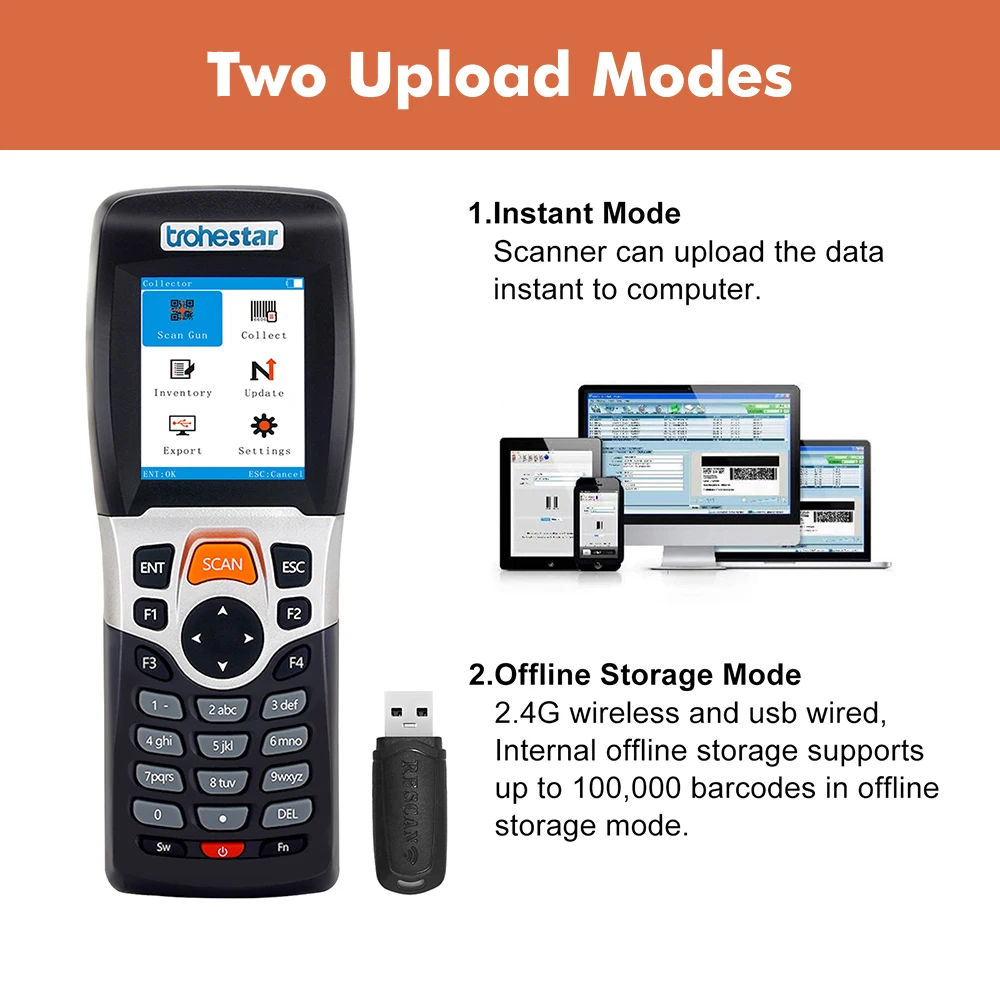 Trohestar Wireless Barcode Scanner 1D Bar Code Reader Portable Handheld Inventory Counter Data Collector PDA Bar Code Scanners