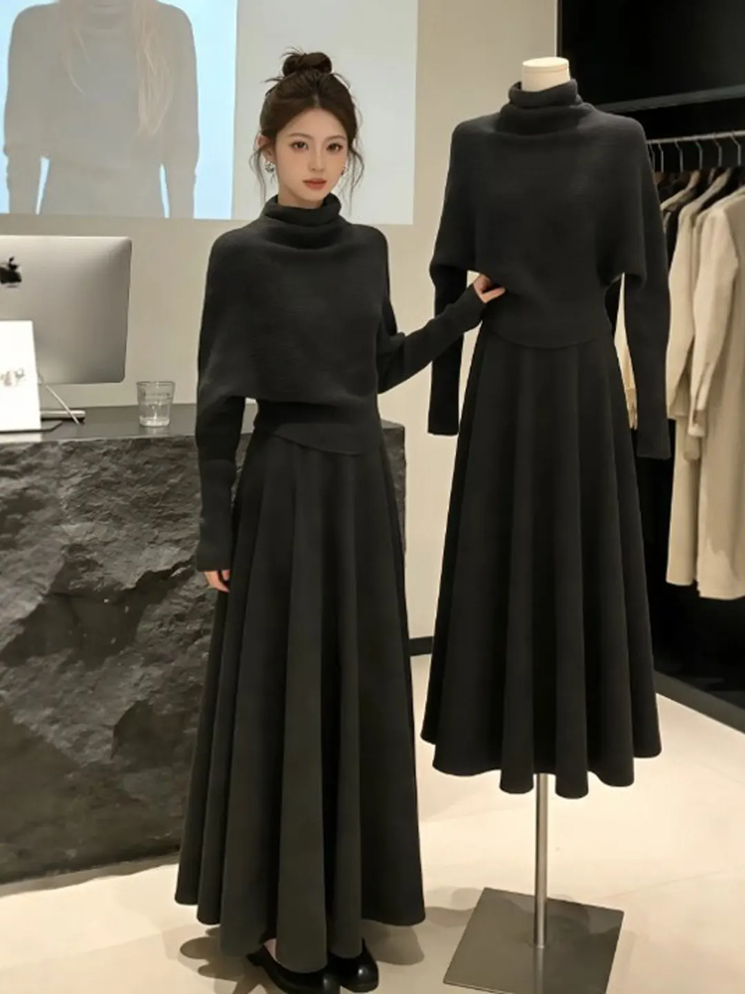 

Вязаный комплект Laid-ba: свитер и юбка, весенний модный ансамбль, удобный, с длинными рукавами, высоким воротником