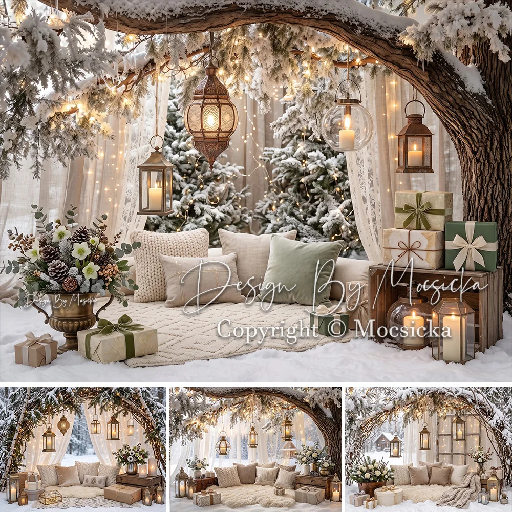 Mocsicka Hintergrund für Fotografie, Weihnachten, verschneiter Baum, Laterne, Geschenk, Kissen, gemütliche Vorhänge, Hintergrund für Familie, Baby-Shower, Studiofoto