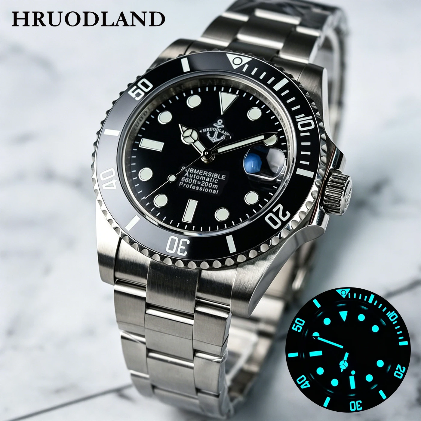 

HRUODLAND High-End Dive Automatic Watch for Man Sapphire Crystal BGW9 Luminous PT5000 Mechanical Movement Classic Sports Watch