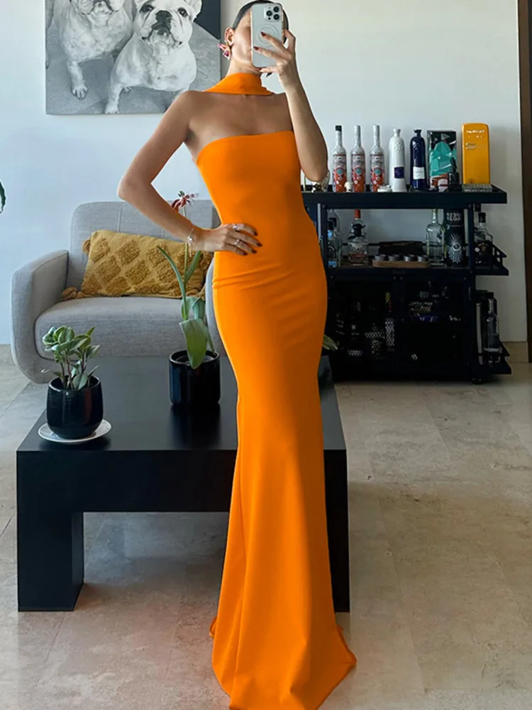 Articat 2024 verão novo elegante vestido sem mangas feminino pendurado pescoço fino fishtail vestido longo bodycon sem costas festa vestido de noite