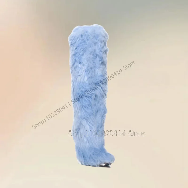 

Sky Blue Fur Decor Knee High Pointed Toe Boots Slip On Women Shoes Thin High Heels Novel Fashion Party 2023 Zapatos Para Mujere