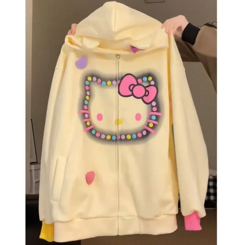 Hello Kitty Women Autumn New Fashion Print Hooded Cardigan Cute Sweet Y2k Girl Hoodie College Style Loose Versatile Zipper Coat