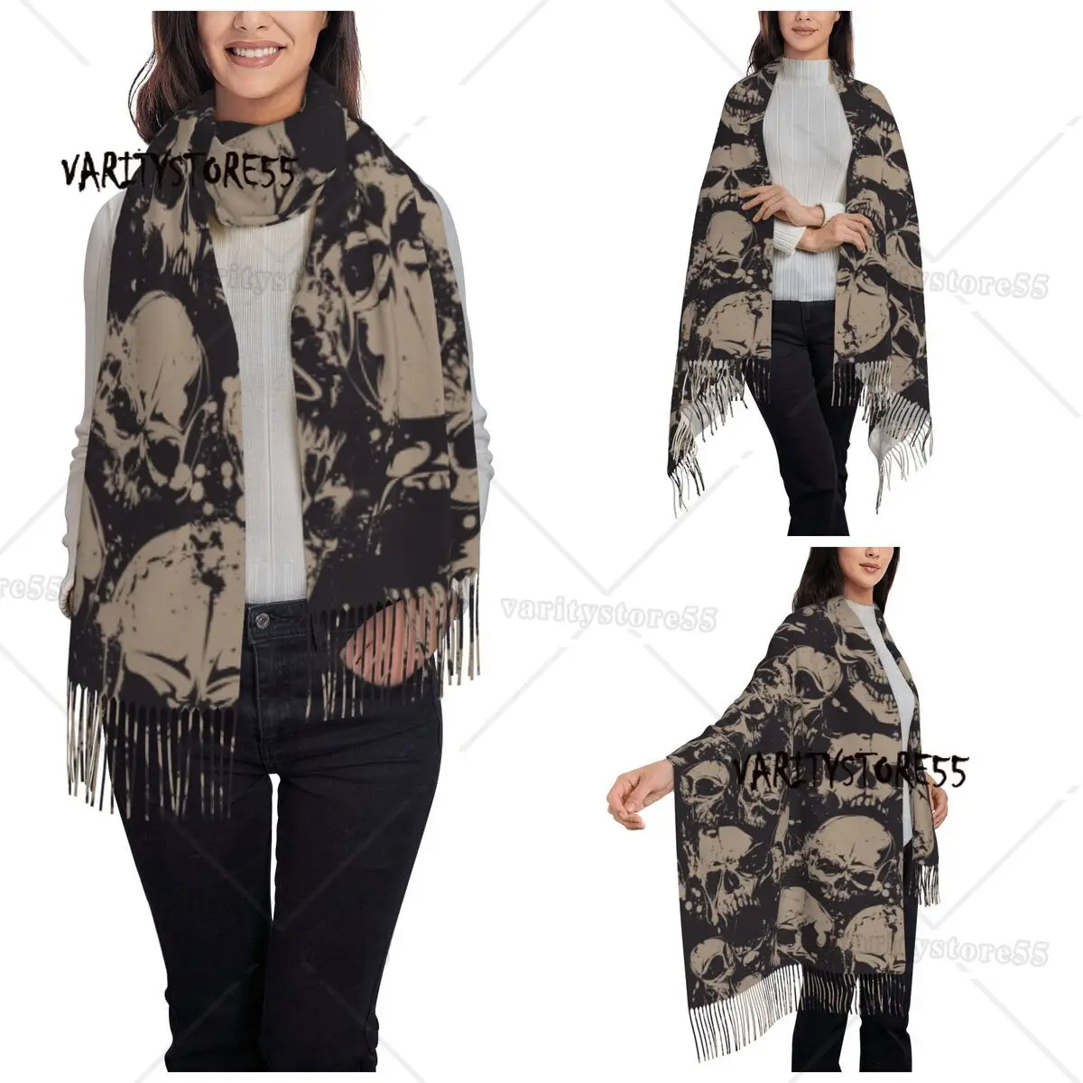 Women's Scarf with Tassel Cool Skull Long Winter Warm Shawl and Wrap Halloween Cartoon Daily Wear Pashmina Scarves