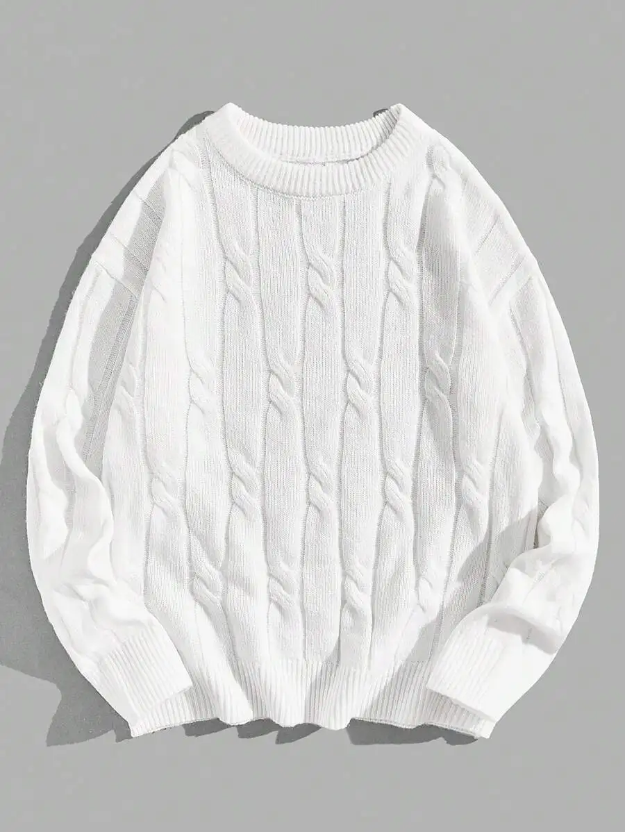 

Unisex Crew Neck Cable Knit Pullover Sweater - Solid White, Casual Winter Wear