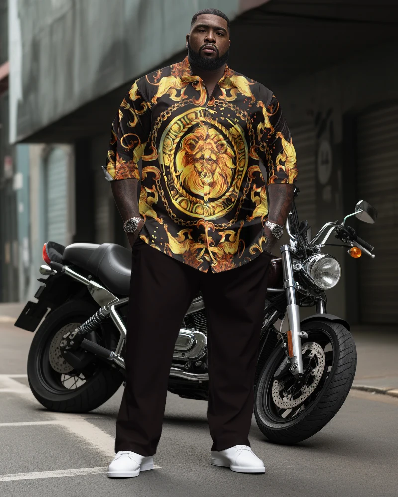 L-9XL Plus Size Men\'s Business Classical Vintage Fashion Bee Lion Pattern Long Sleeve Shirt Straight Pants Suit ZOOY