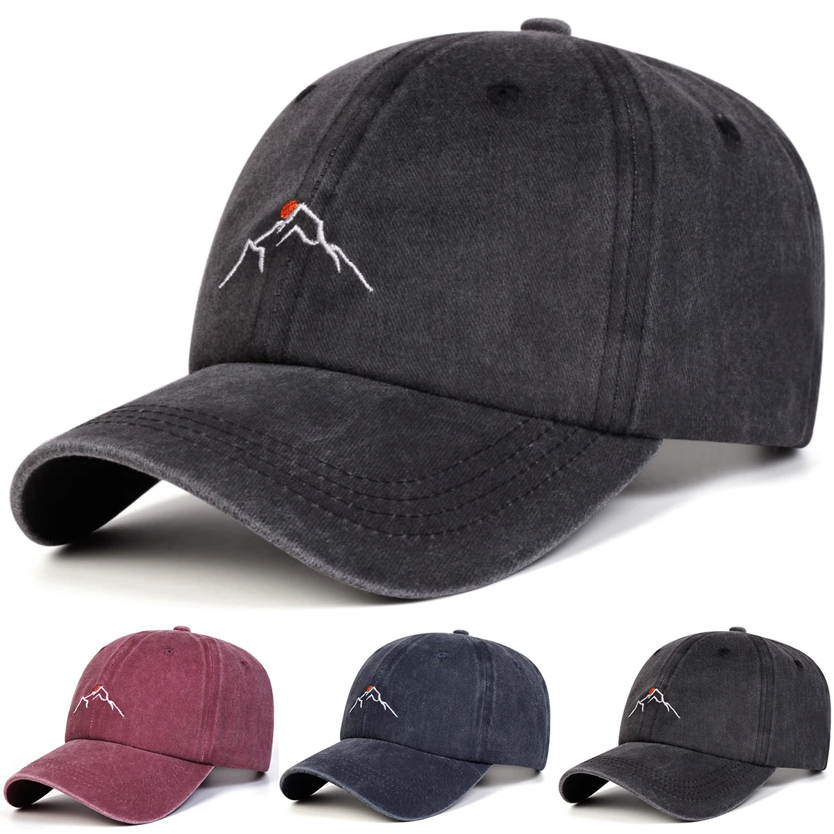 Unisex Mountain Washed Denim Baseballkappen mit Stickerei für Frühling und Herbst, Verstellbare Freizeithüte, Sonnenschutzhüte, Sportkappen