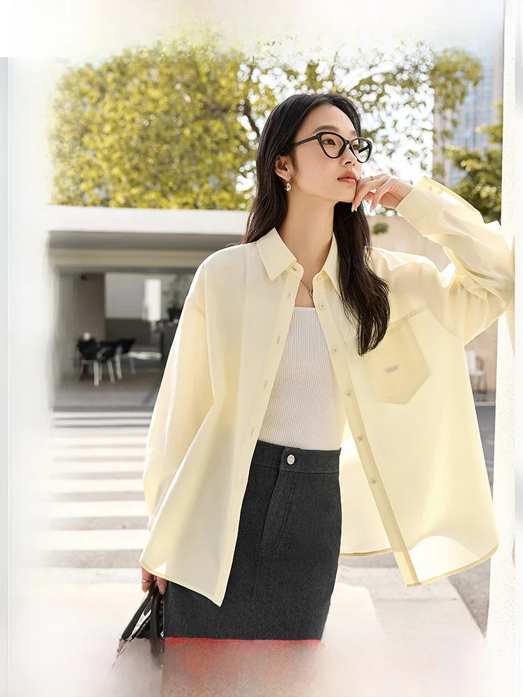 

Lacele Goose Yellow Collar Shirt Women's Loose Fit Embroidered Letter Fashion Cardigan Top Breathable Long Sleeve Casual Style